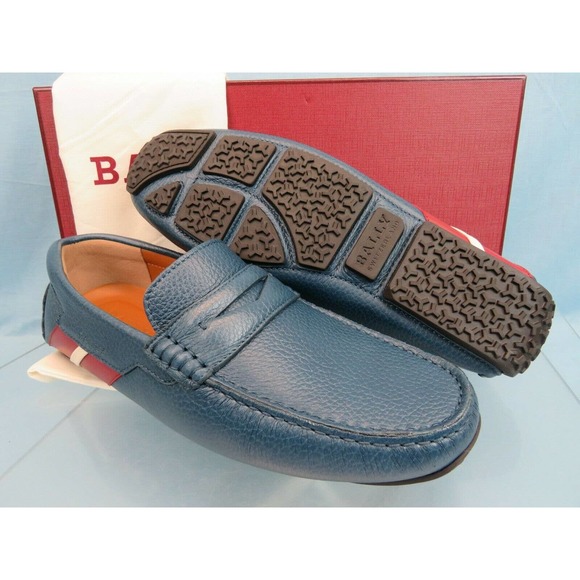 BALLY PIOTRE BLUE GRAINED LEATHER WEB LOGO DRIVER PENNY LOAFERS 11 D US 44 main image 7